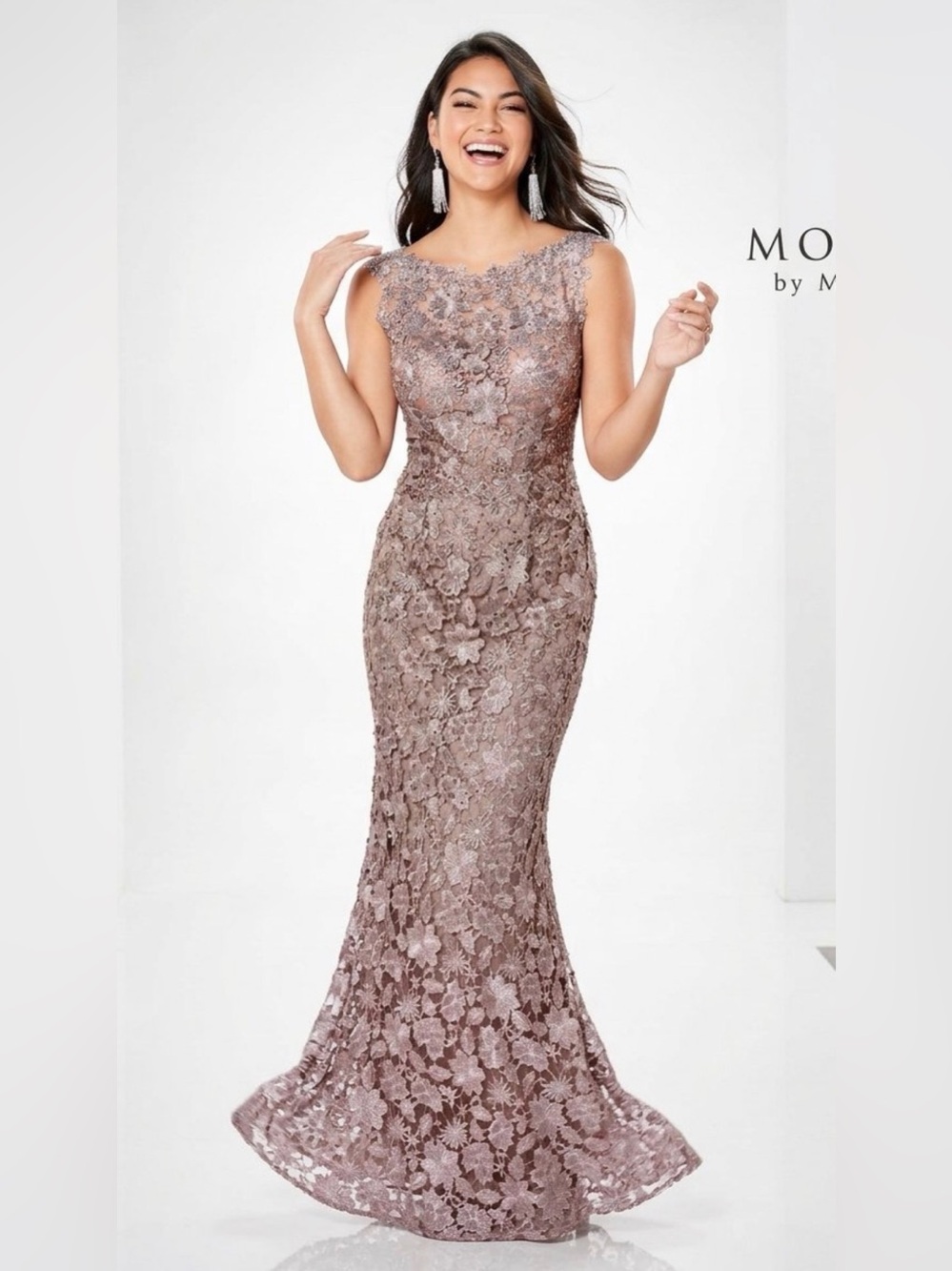 Montage by Mon Cheri Blush Floral Lace Long Sleeve Evening Gown